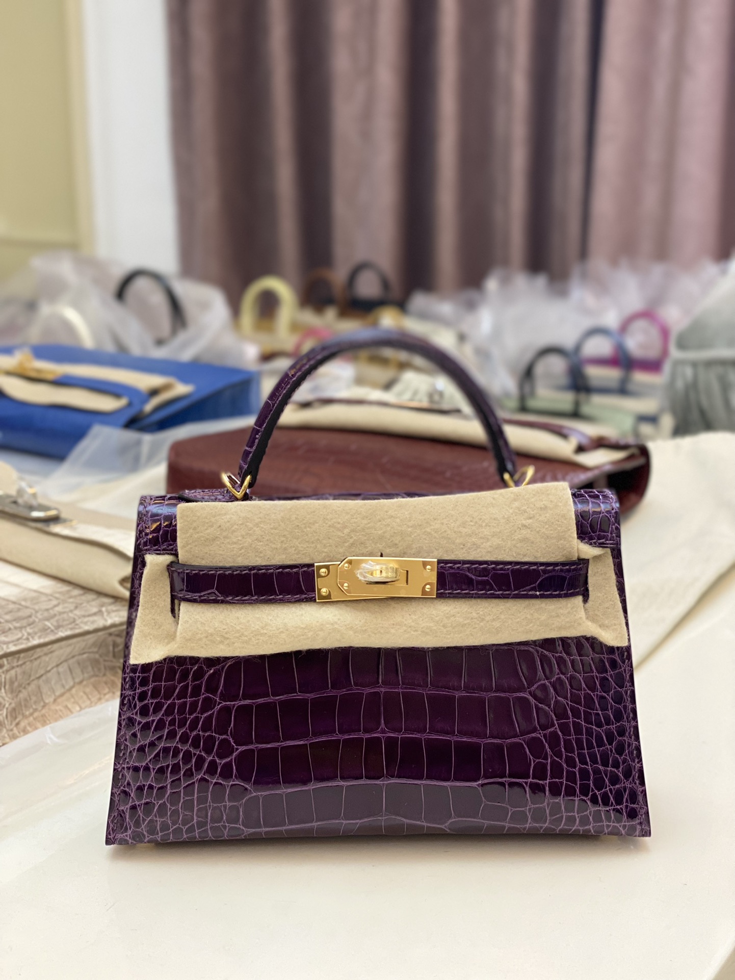 Hermes Kelly Mini II Bag 19CM In Dark Purple Shiny Alligator Leather